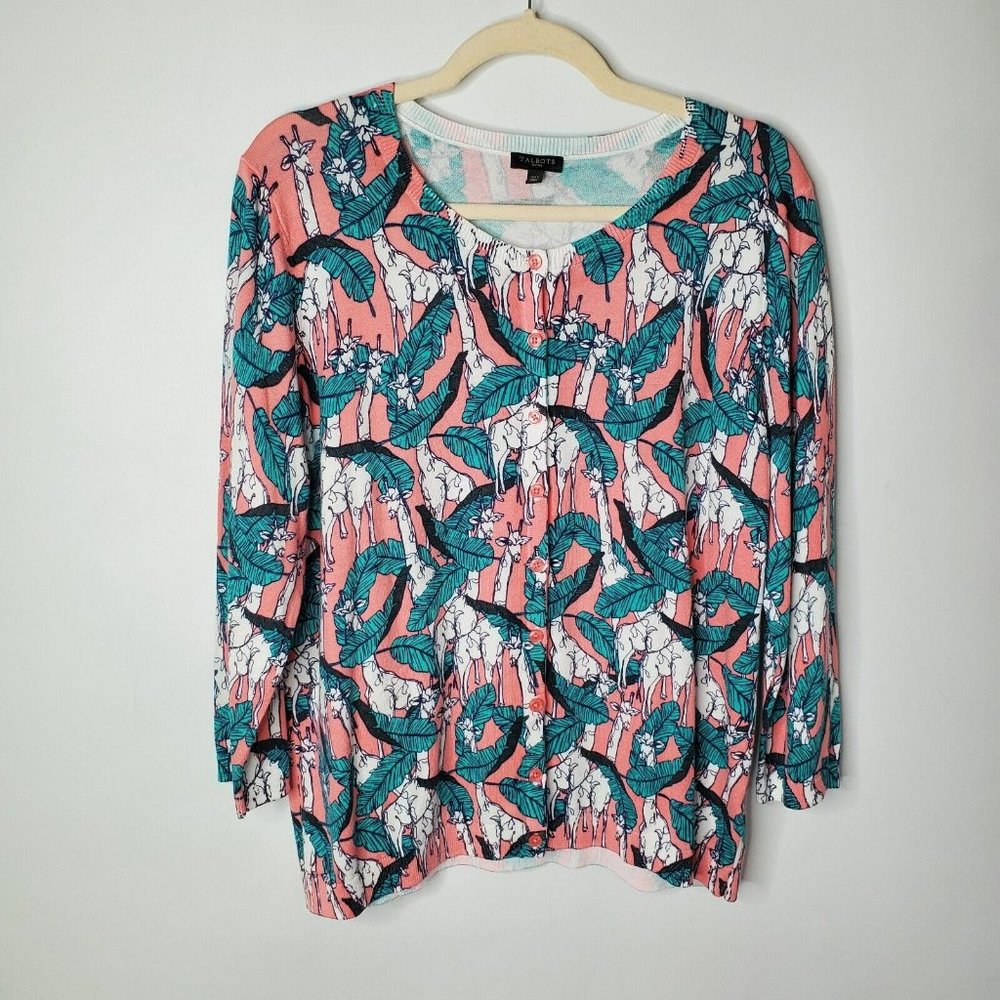 Talbots Womens Giraffe Cardigan Size XL Petite Pink Button Front Scoop Rib Neck